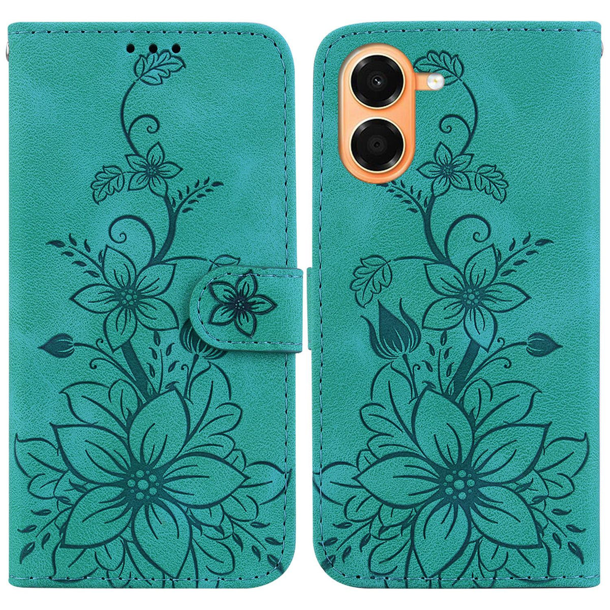 For Honor X7e 4G Lily Embossed Leather Phone Case - Green - EDA005884624A