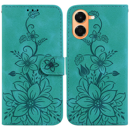 For Honor X7e 4G Lily Embossed Leather Phone Case - Green - EDA005884624A
