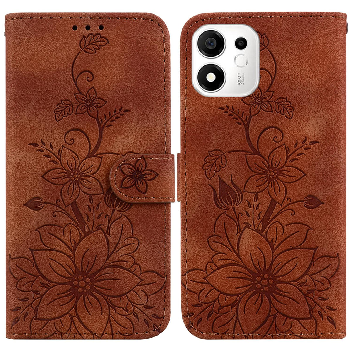 For Honor 600 Smart 5G Lily Embossed Leather Phone Case - Brown - EDA005884625C