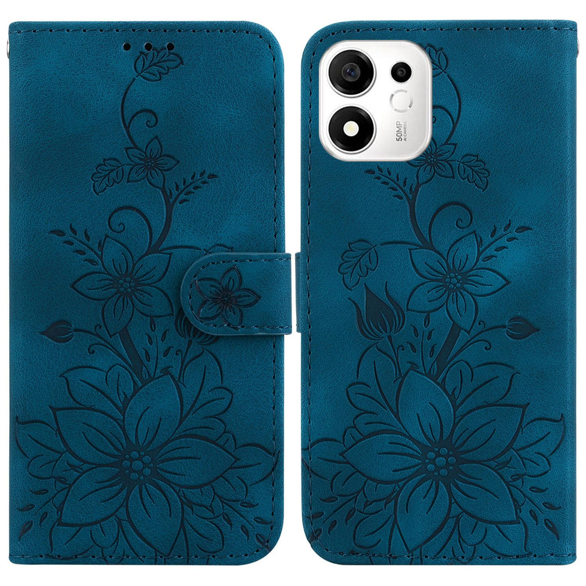 For Honor 600 Smart 5G Lily Embossed Leather Phone Case - Dark Blue - EDA005884625D