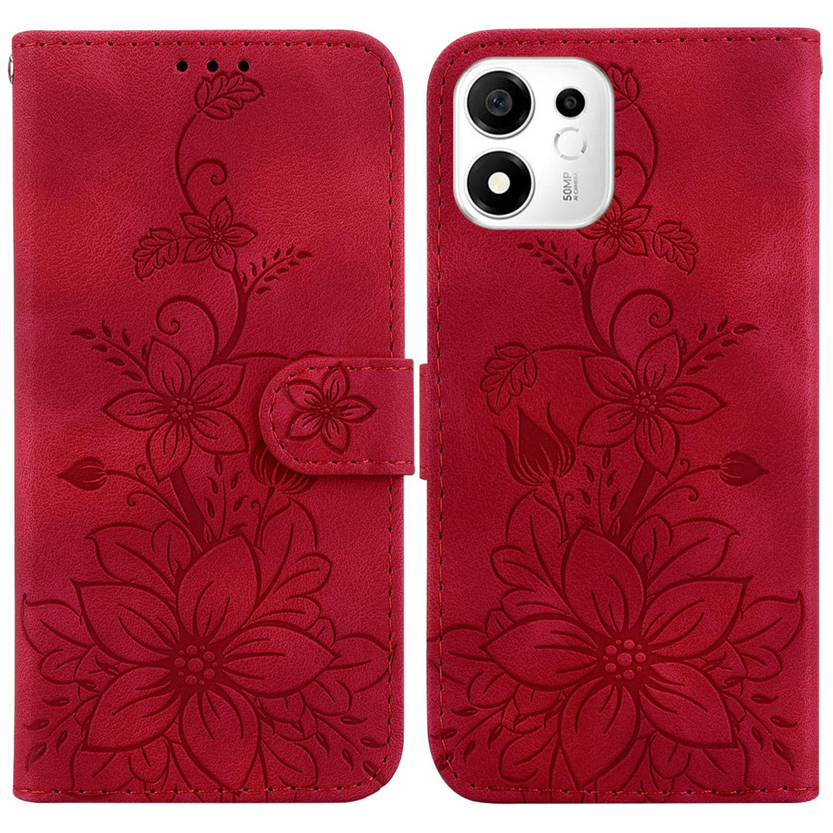 For Honor 600 Smart 5G Lily Embossed Leather Phone Case - Red - EDA005884625E