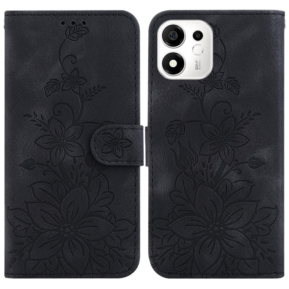 For Honor 600 Smart 5G Lily Embossed Leather Phone Case - Black - EDA005884625F