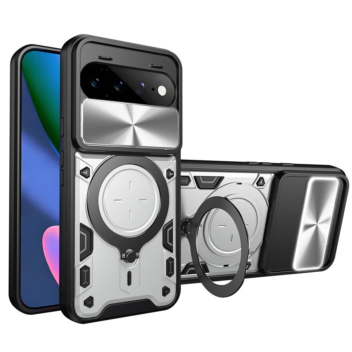 For Google Pixel 11 Pro XL CD Texture Sliding Camshield Magnetic Holder Phone Case(Silver)