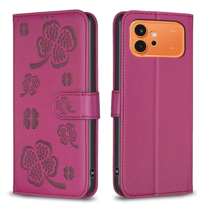 For Honor 600 Global Four-leaf Embossed Leather Phone Case - Rose Red - EDA005991912A
