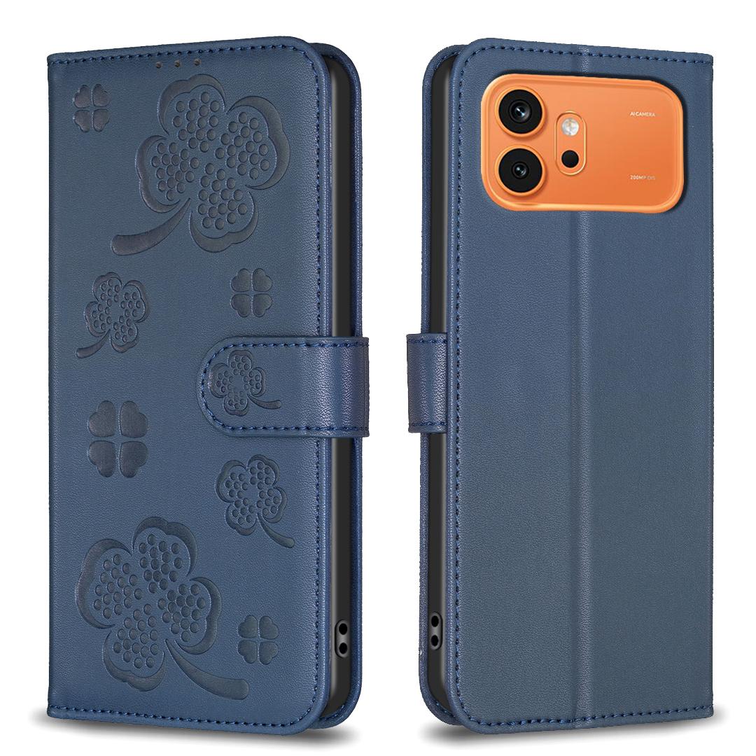 For Honor 600 Global Four-leaf Embossed Leather Phone Case - Blue - EDA005991912B