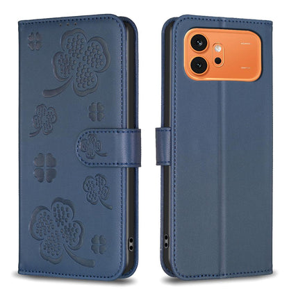 For Honor 600 Global Four-leaf Embossed Leather Phone Case - Blue - EDA005991912B