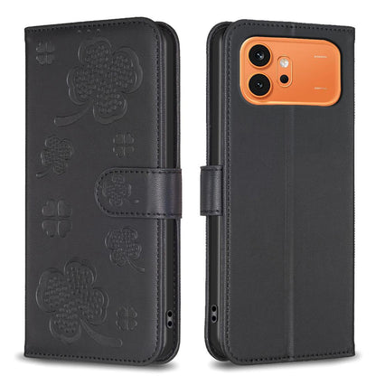 For Honor 600 Global Four-leaf Embossed Leather Phone Case - Black - EDA005991912C