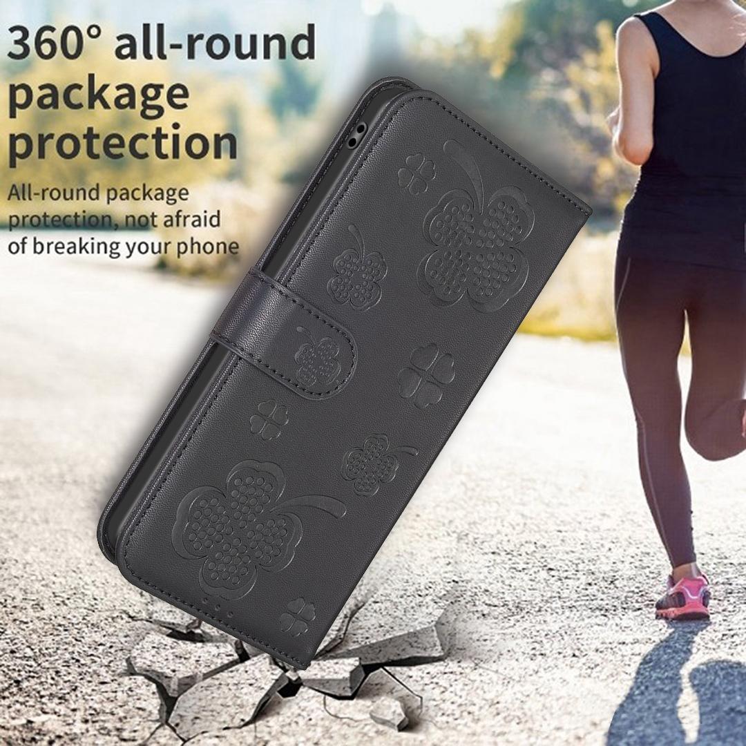 For Honor 600 Global Four-leaf Embossed Leather Phone Case - Black - EDA005991912C