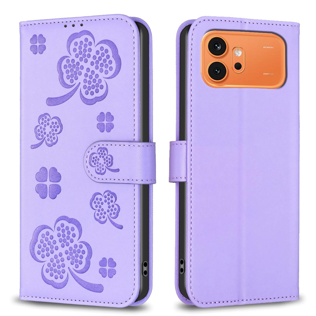For Honor 600 Global Four-leaf Embossed Leather Phone Case - Purple - EDA005991912D
