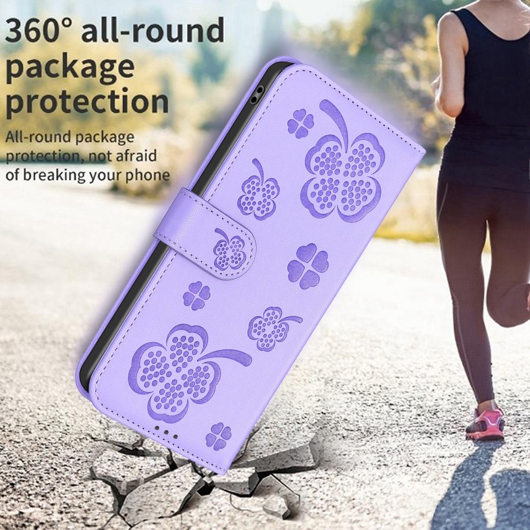 For Honor 600 Global Four-leaf Embossed Leather Phone Case - Purple - EDA005991912D