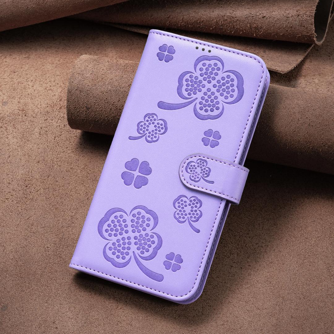 For Honor 600 Global Four-leaf Embossed Leather Phone Case - Purple - EDA005991912D