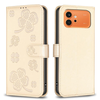 For Honor 600 Global Four-leaf Embossed Leather Phone Case - Gold - EDA005991912E