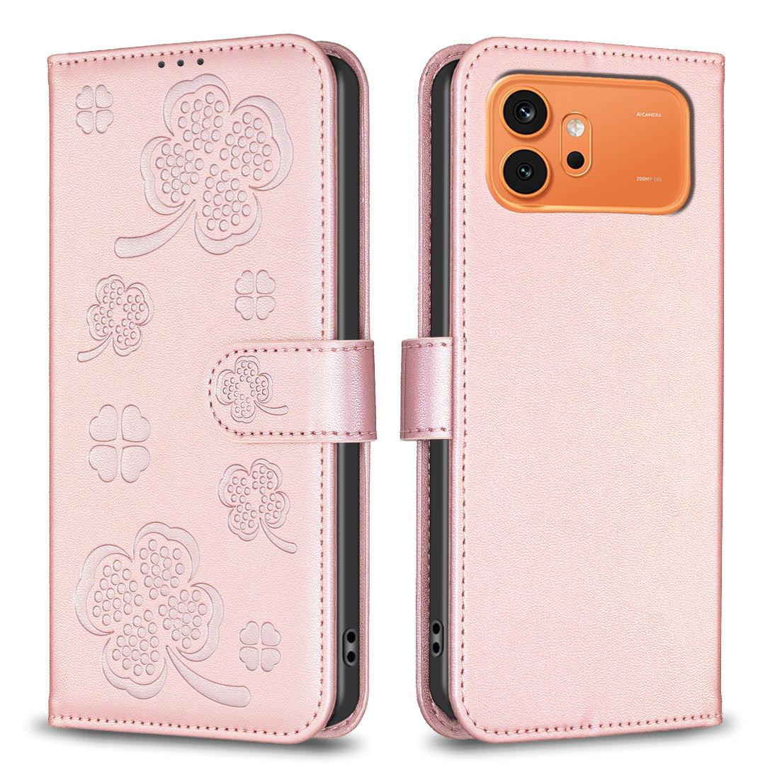 For Honor 600 Global Four-leaf Embossed Leather Phone Case - Pink - EDA005991912F