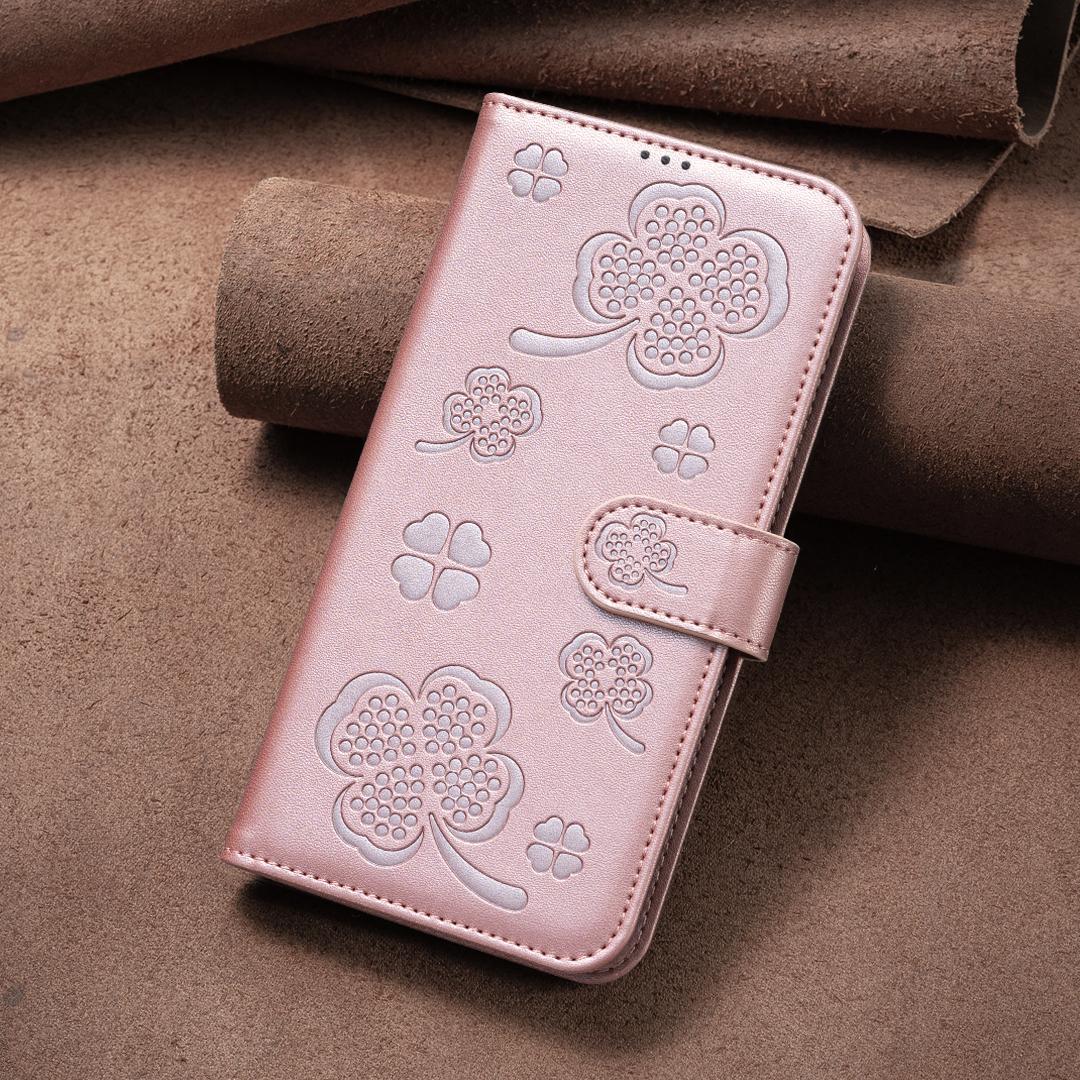 For Honor 600 Global Four-leaf Embossed Leather Phone Case - Pink - EDA005991912F