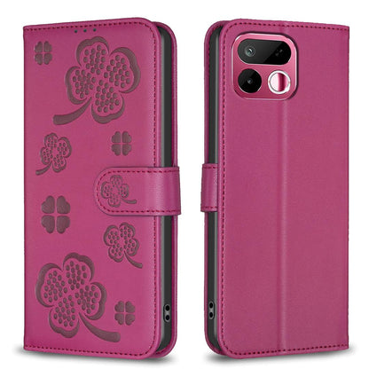 For Realme 16T 5G Four-leaf Embossed Leather Phone Case - Rose Red - EDA005992405A