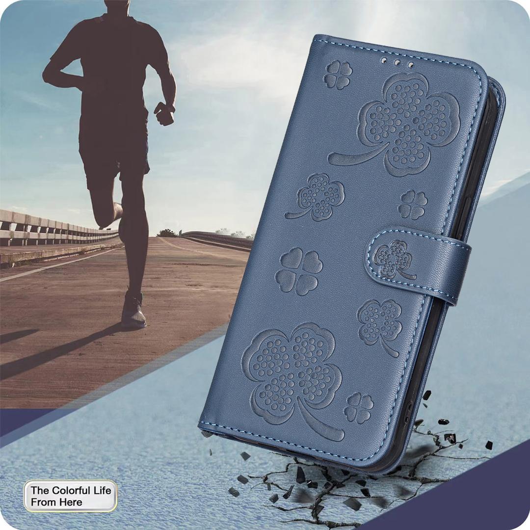For Realme 16T 5G Four-leaf Embossed Leather Phone Case - Blue - EDA005992405B