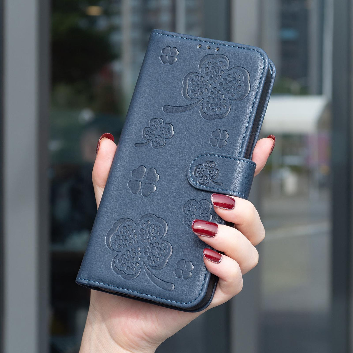 For Realme 16T 5G Four-leaf Embossed Leather Phone Case - Blue - EDA005992405B