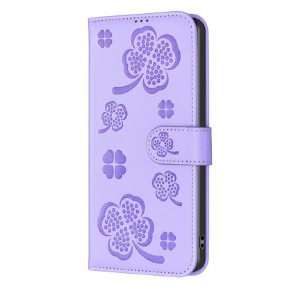 For Realme 16T 5G Four-leaf Embossed Leather Phone Case - Purple - EDA005992405D