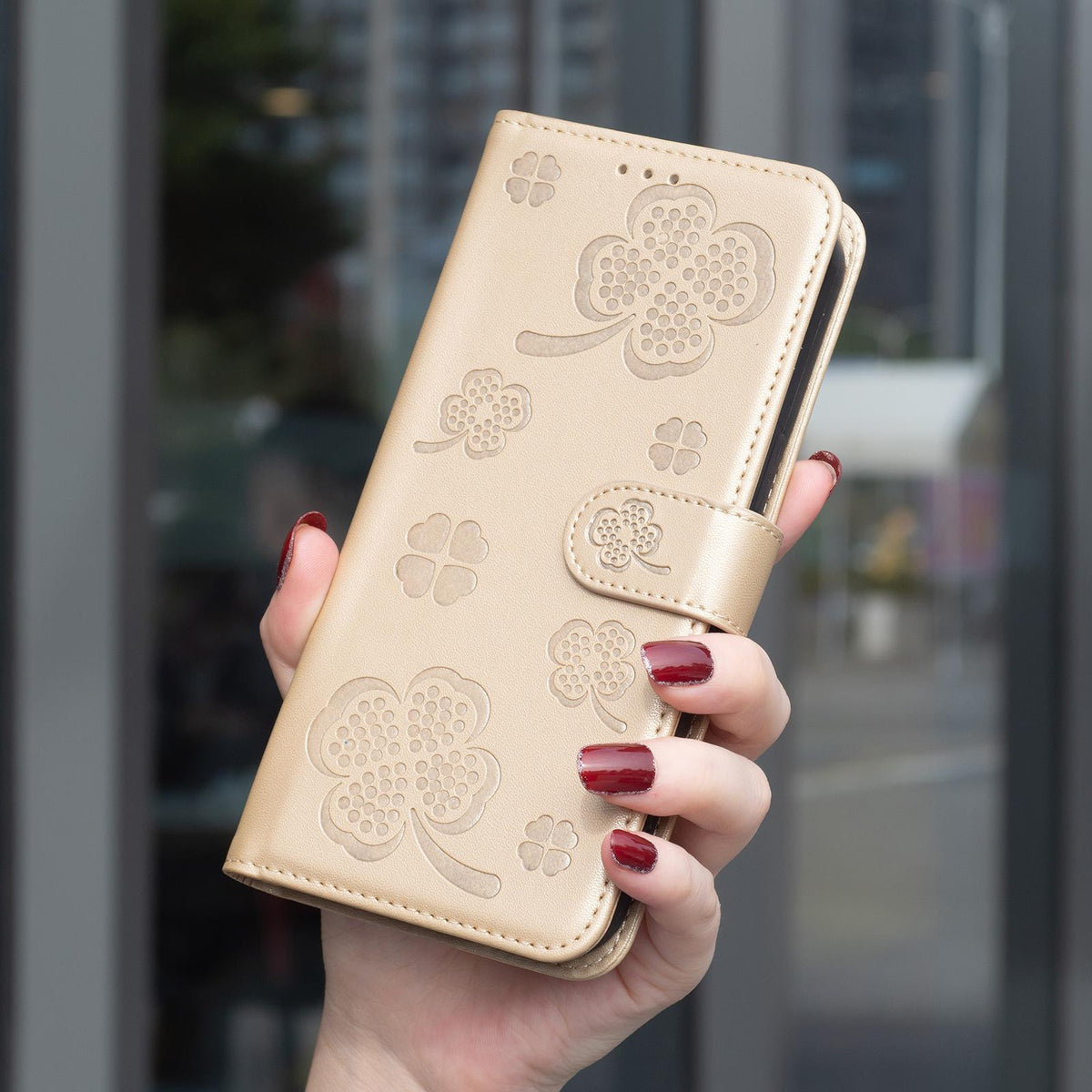 For Realme 16T 5G Four-leaf Embossed Leather Phone Case - Gold - EDA005992405E