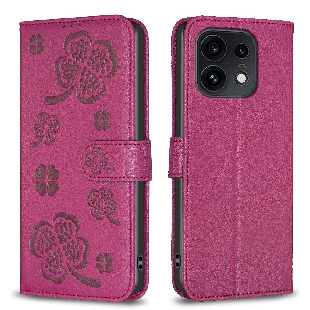 For OPPO Reno16 F 5G/Reno16 FS 5G Four-leaf Embossed Leather Phone Case - Rose Red - EDA005992828A