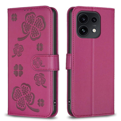 For OPPO Reno16 F 5G/Reno16 FS 5G Four-leaf Embossed Leather Phone Case - Rose Red - EDA005992828A