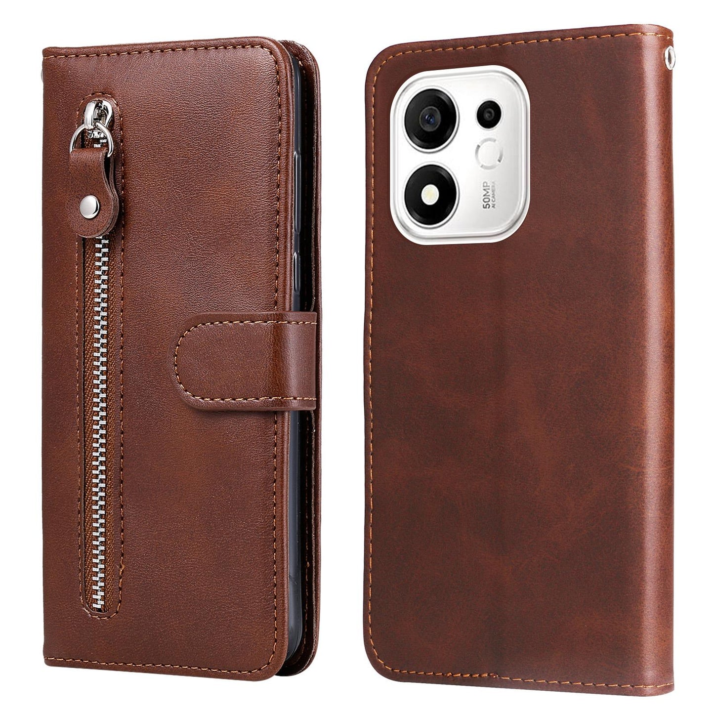 For Honor 600 Smart 5G Fashion Calf Texture Zipper Leather Phone Case(Brown)