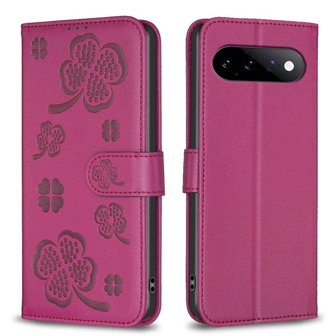 For Google Pixel 11 / 11 Pro Four-leaf Embossed Leather Phone Case - Rose Red - EDA006040607A