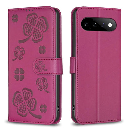 For Google Pixel 11 / 11 Pro Four-leaf Embossed Leather Phone Case - Rose Red - EDA006040607A