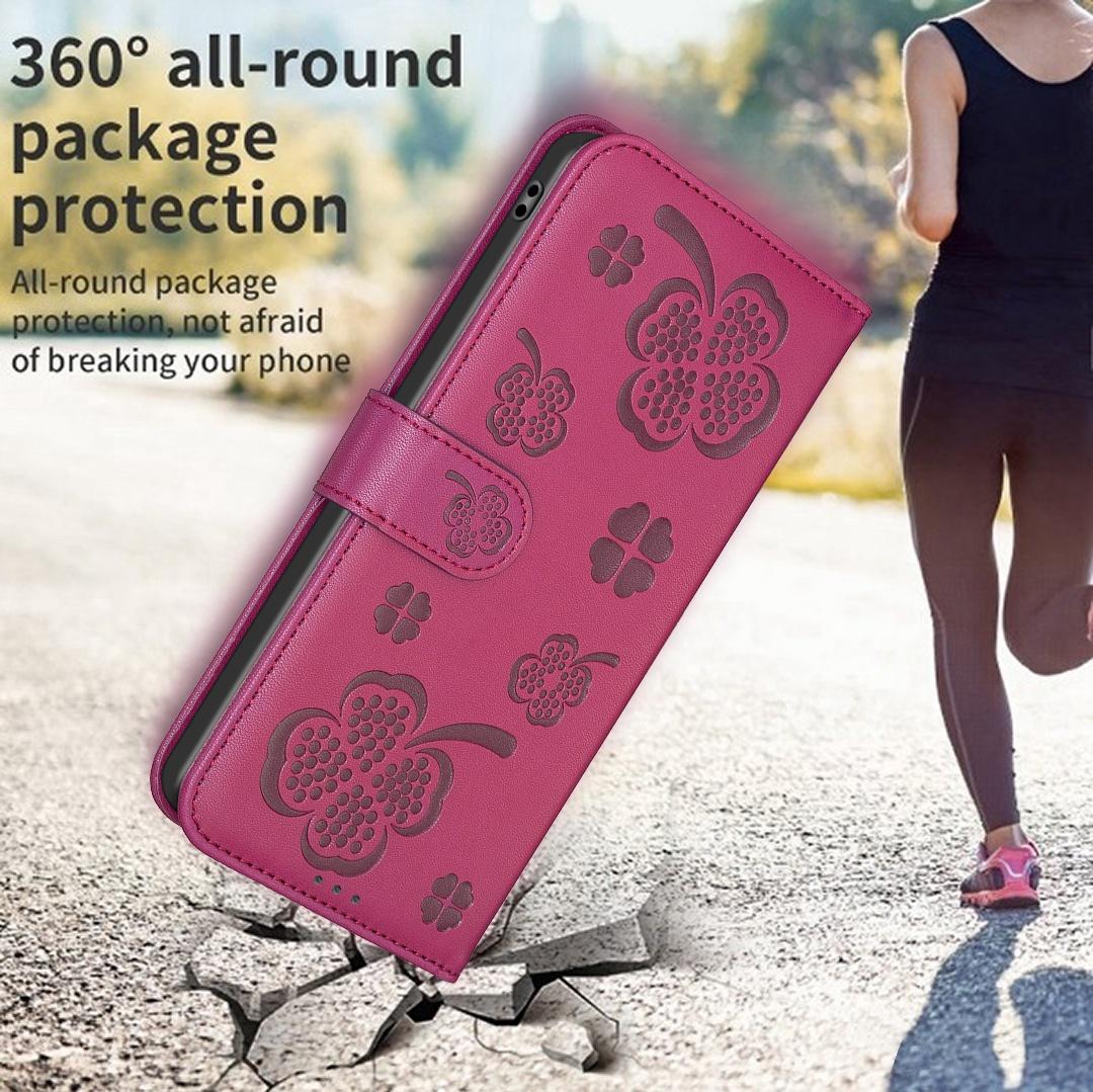 For Google Pixel 11 / 11 Pro Four-leaf Embossed Leather Phone Case - Rose Red - EDA006040607A