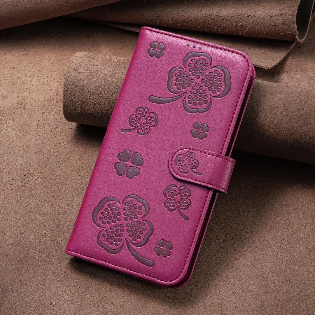 For Google Pixel 11 / 11 Pro Four-leaf Embossed Leather Phone Case - Rose Red - EDA006040607A