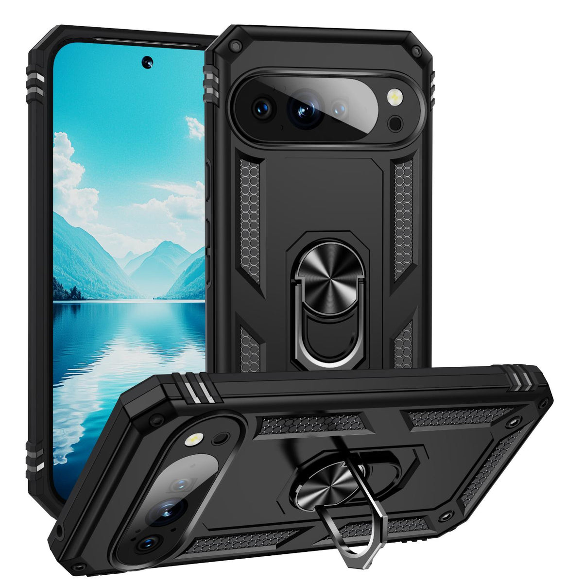 For Google Pixel 11 Pro XL Shockproof TPU + PC Phone Case with Holder - Black - EDA006327708A