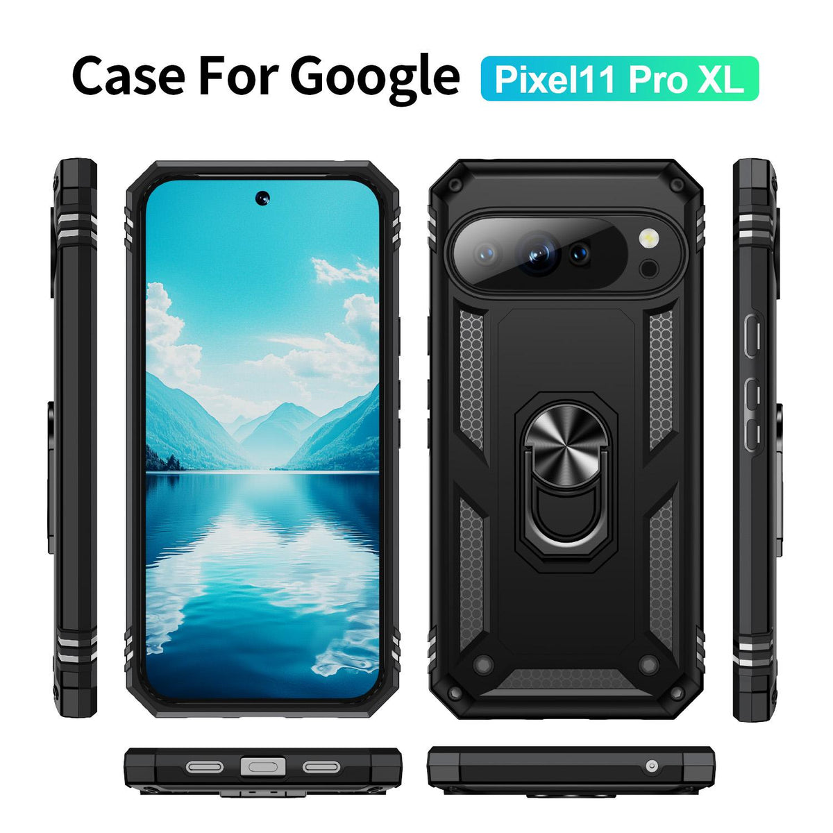For Google Pixel 11 Pro XL Shockproof TPU + PC Phone Case with Holder - Black - EDA006327708A