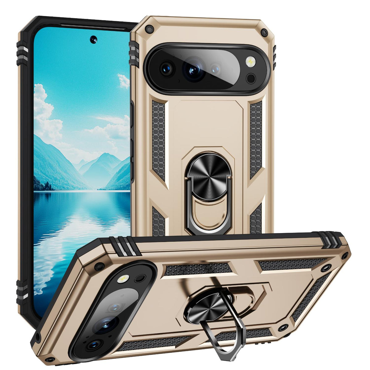 For Google Pixel 11 Pro XL Shockproof TPU + PC Phone Case with Holder - Gold - EDA006327708C