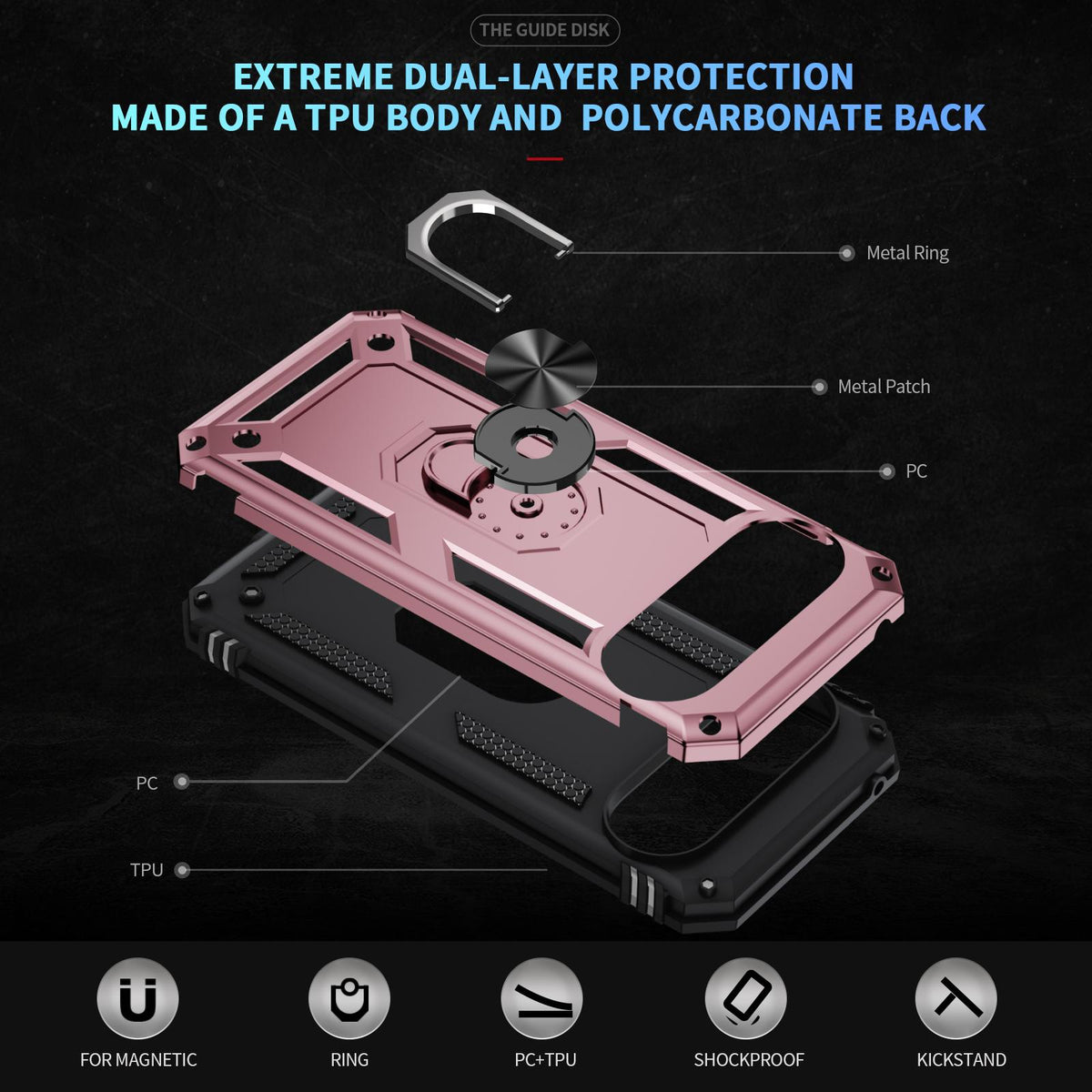 For Google Pixel 11 Pro XL Shockproof TPU + PC Phone Case with Holder - Rose Gold - EDA006327708E