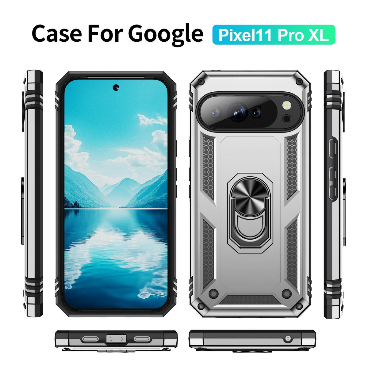 For Google Pixel 11 Pro XL Shockproof TPU + PC Phone Case with Holder - Silver - EDA006327708G