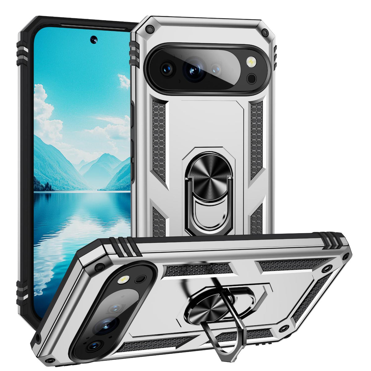 For Google Pixel 11 / Pixel 11 Pro Shockproof TPU + PC Phone Case with Holder - Silver - EDA006327709G