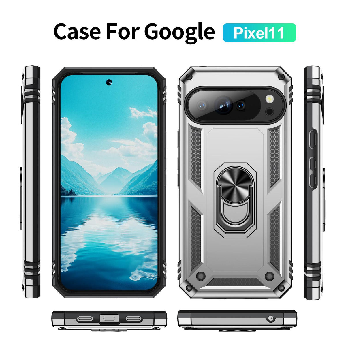 For Google Pixel 11 / Pixel 11 Pro Shockproof TPU + PC Phone Case with Holder - Silver - EDA006327709G