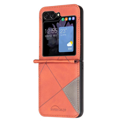 For Galaxy Z Flip8 5G Rhombus Texture PU + PC Shockproof Phone Case - Brown - EDA006448204C