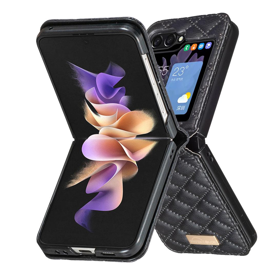 For Galaxy Z Flip8 5G Diamond Lattice PU + PC Shockproof Phone Case - Black - EDA006448304B