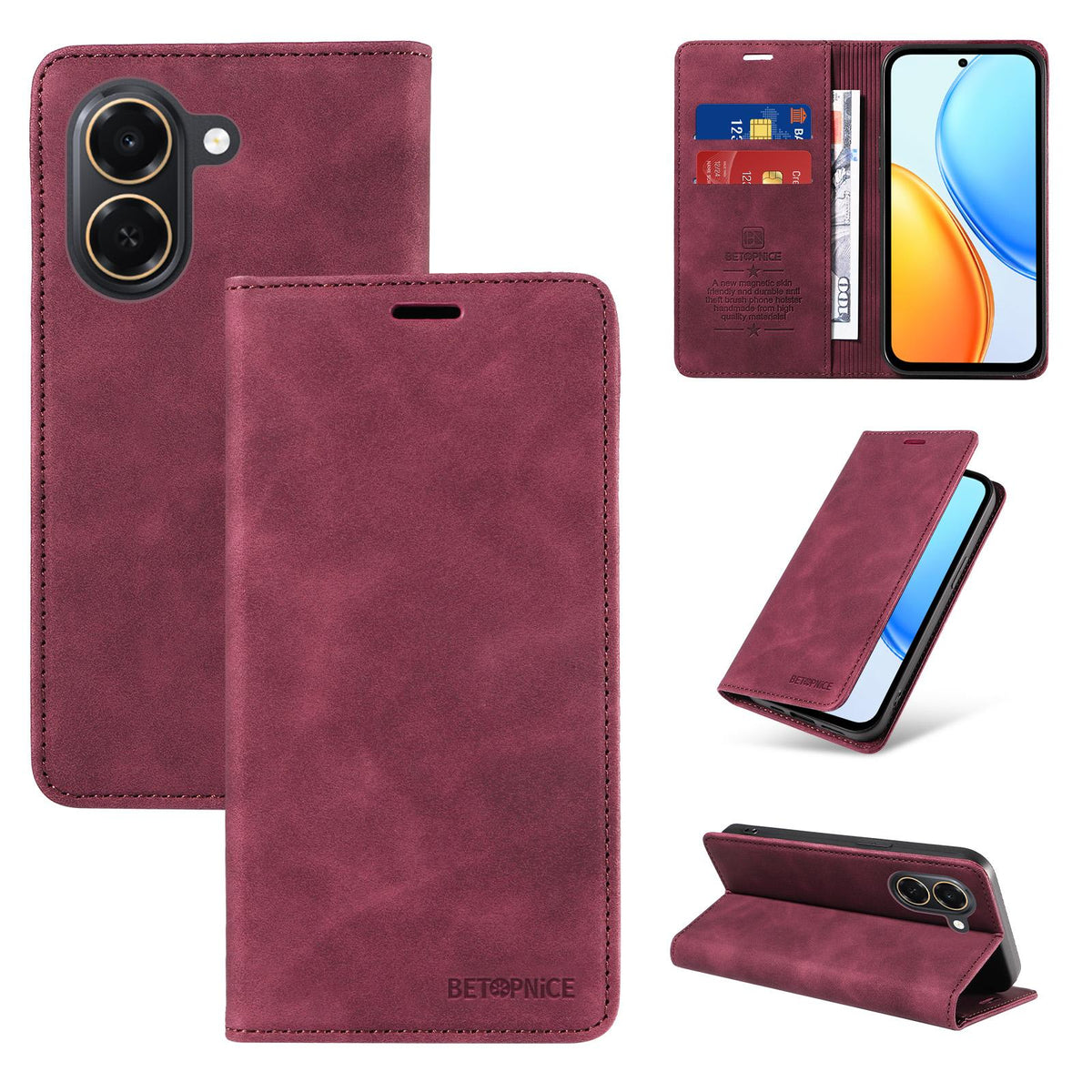 For Honor Play 80 Plus 5G BETOPNICE Suction RFID Anti-theft Leather Phone Case - Wine Red - EDA006478206B