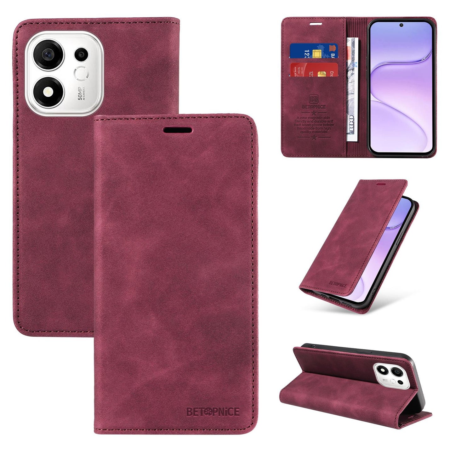 For Honor 600 Smart 5G BETOPNICE Suction RFID Anti-theft Leather Phone Case(Wine Red)