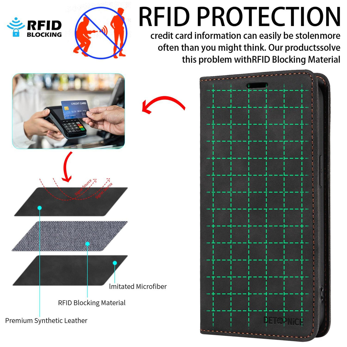 For Honor 600 Smart 5G BETOPNICE Suction RFID Anti-theft Leather Phone Case - Black - EDA006478207C