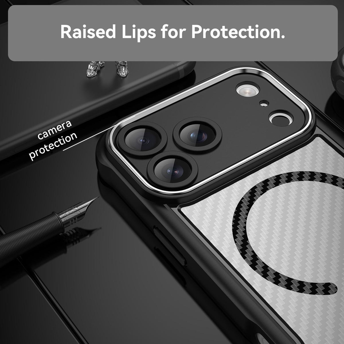For iPhone 18 Pro Max Carbon Fiber Texture MagSafe Translucent Phone Case - Black - EDA006491726A