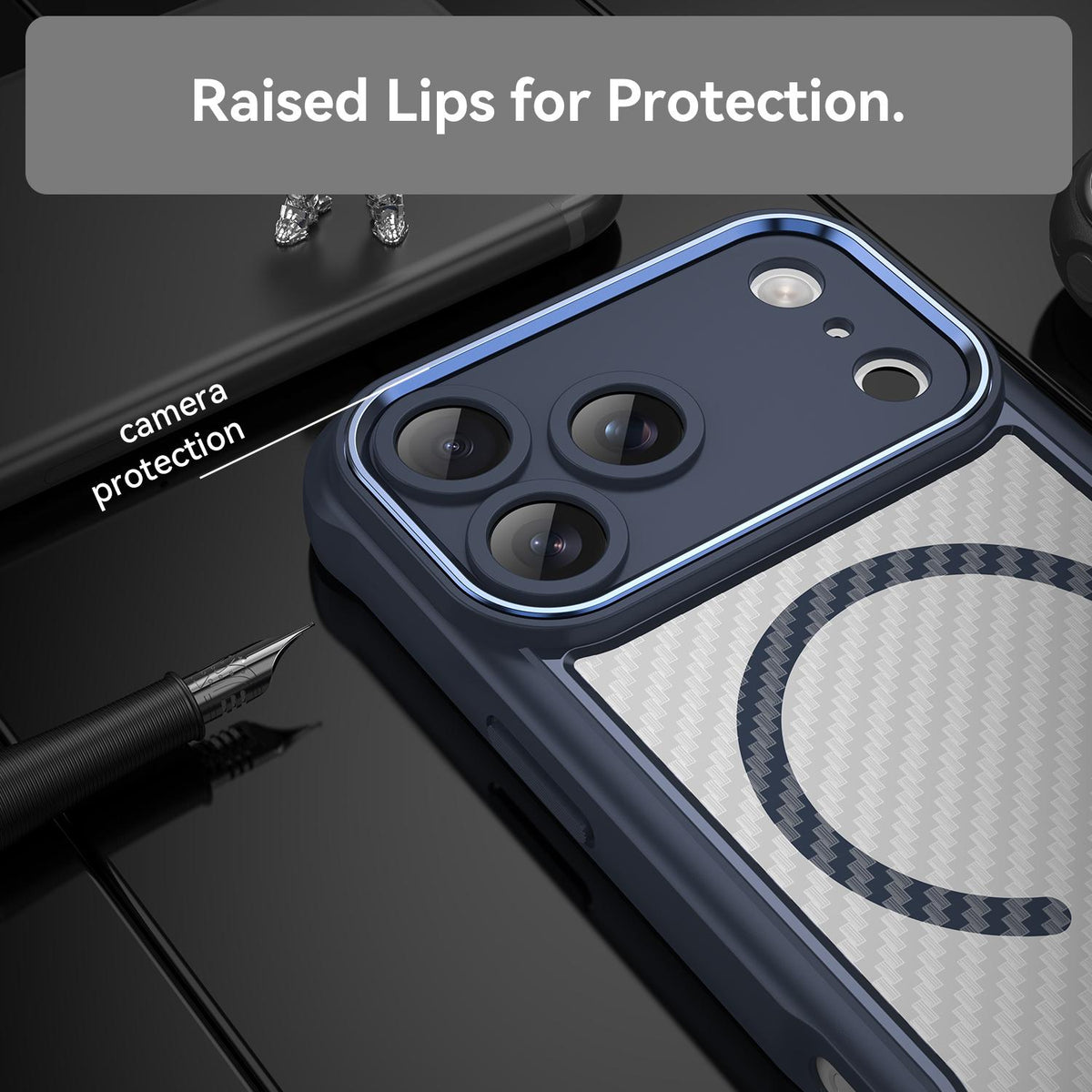 For iPhone 18 Pro Max Carbon Fiber Texture MagSafe Translucent Phone Case - Blue - EDA006491726B