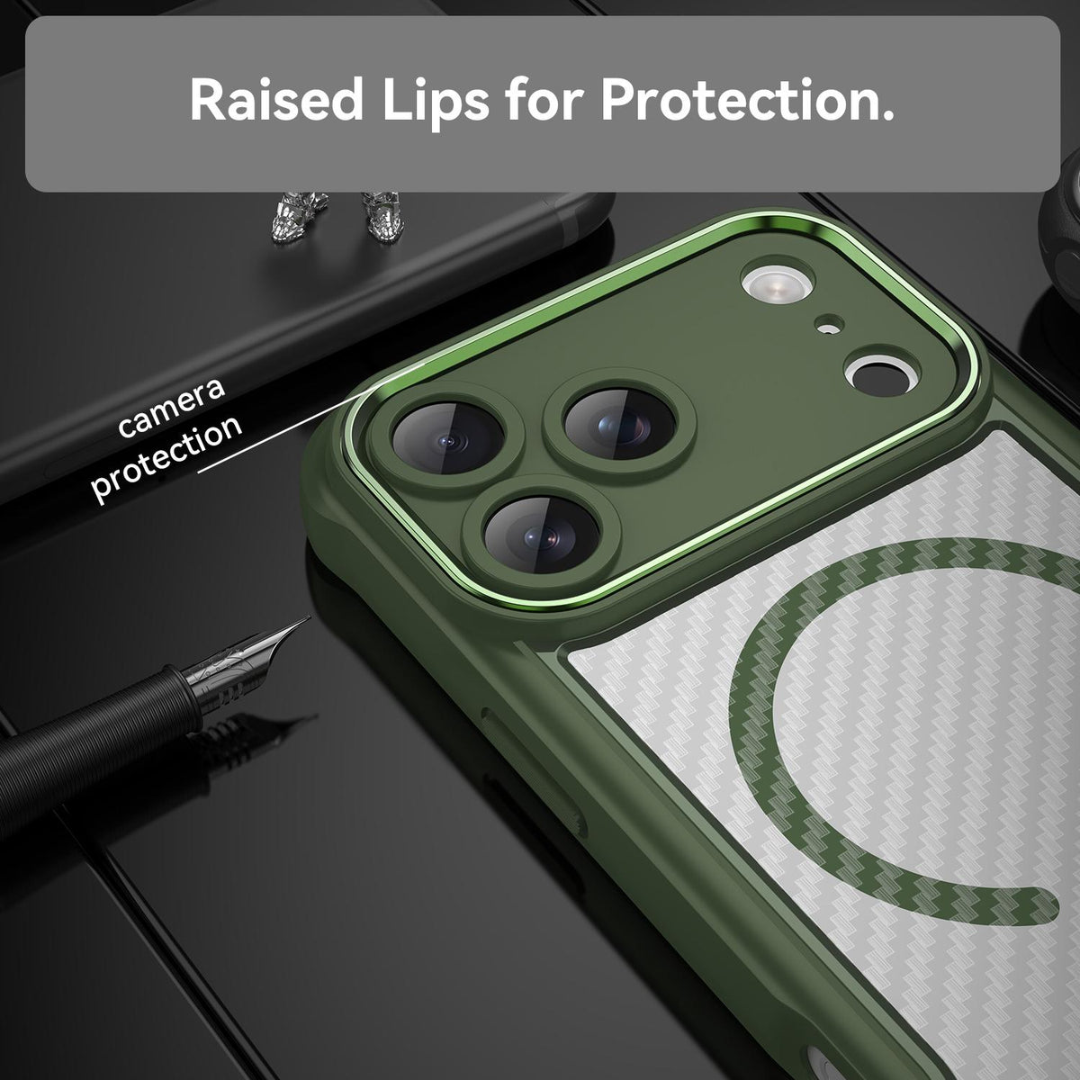 For iPhone 18 Pro Max Carbon Fiber Texture MagSafe Translucent Phone Case - Green - EDA006491726C