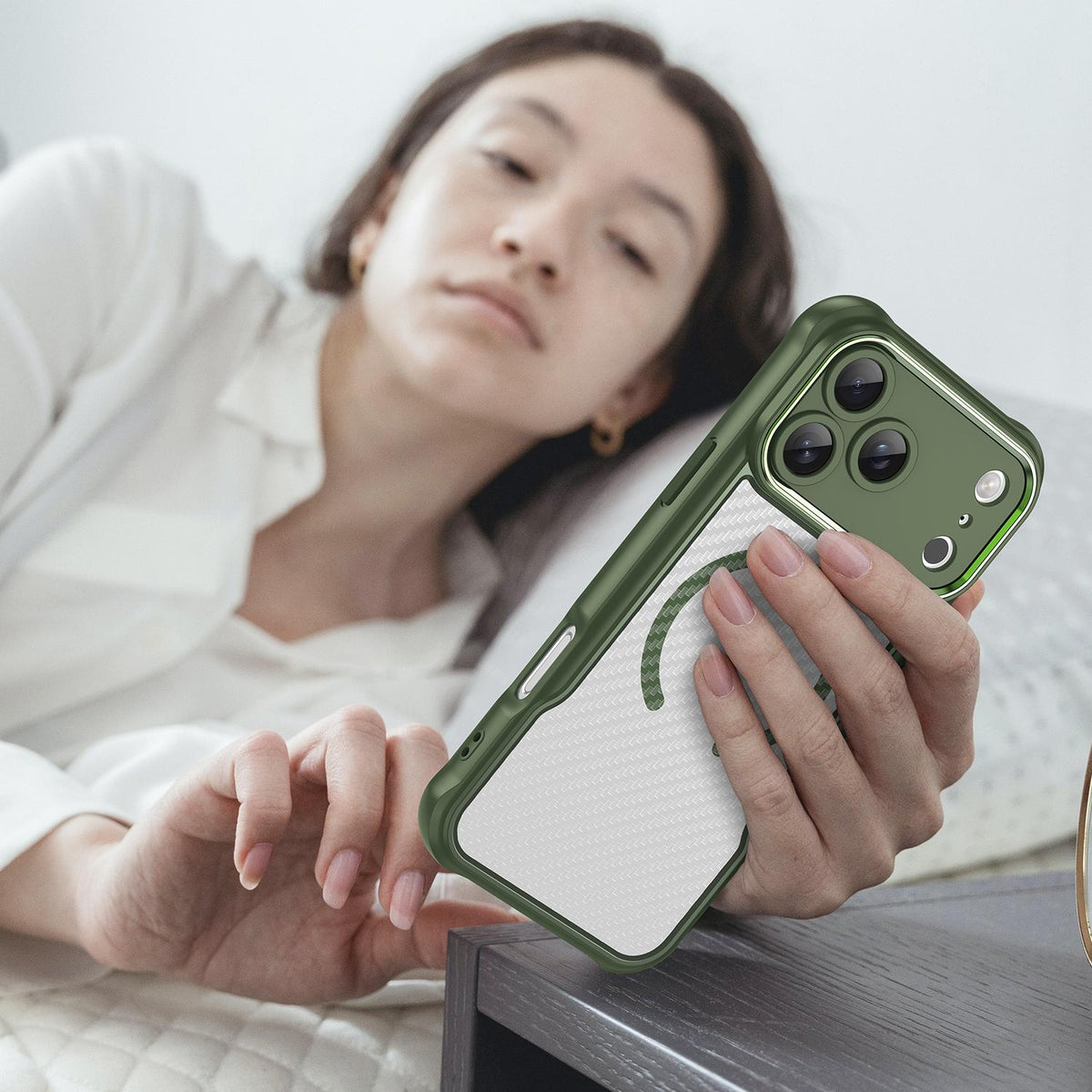 For iPhone 18 Pro Max Carbon Fiber Texture MagSafe Translucent Phone Case - Green - EDA006491726C