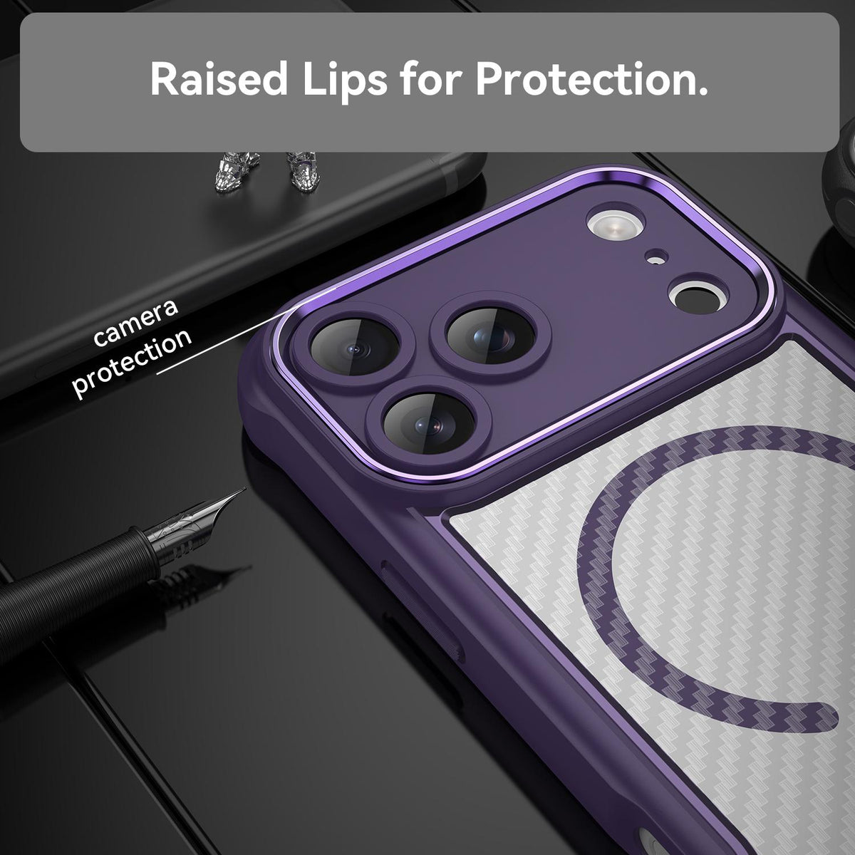 For iPhone 18 Pro Max Carbon Fiber Texture MagSafe Translucent Phone Case - Purple - EDA006491726D