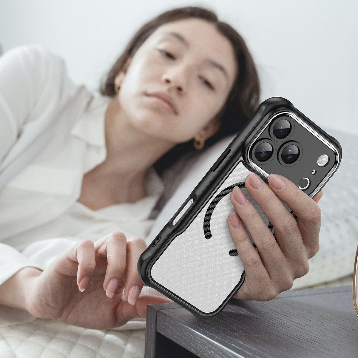 For iPhone 18 Pro Carbon Fiber Texture MagSafe Translucent Phone Case - Black - EDA006491727A
