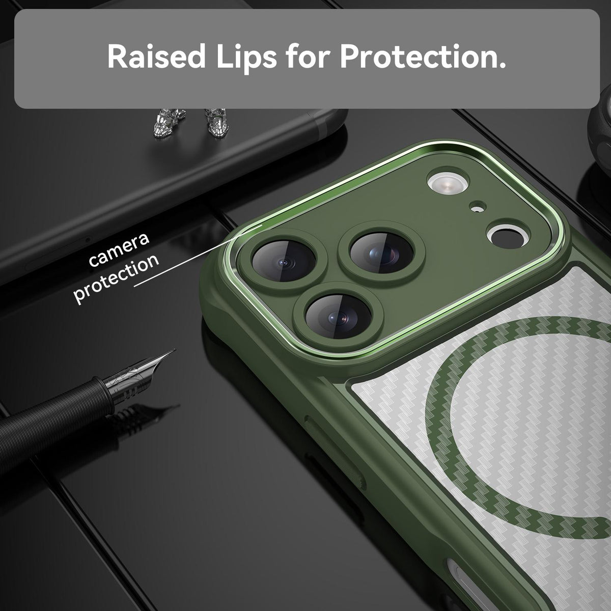 For iPhone 18 Pro Carbon Fiber Texture MagSafe Translucent Phone Case - Green - EDA006491727C