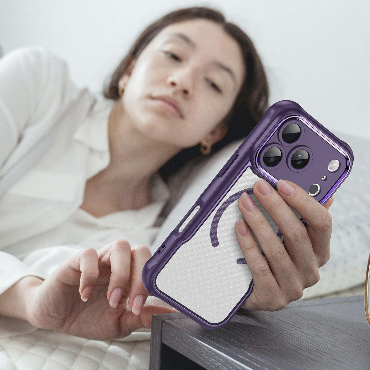 For iPhone 18 Pro Carbon Fiber Texture MagSafe Translucent Phone Case - Purple - EDA006491727D